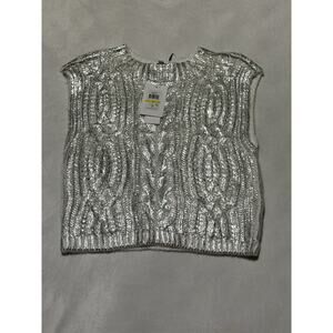 DKNY Jeans Metallic Silver Cable Knit Sweater Vest Top White Foil Oversized M NW